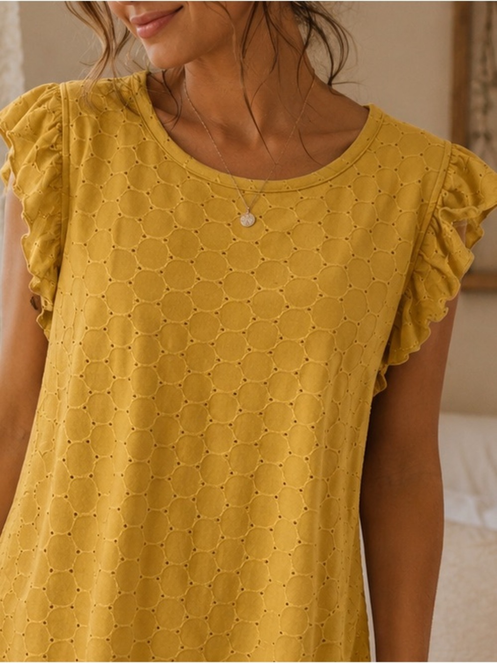 Kim & Cami Yellow Eyelet Ruffle Sleeve Top M Boho Cottagecore Summer Blouse